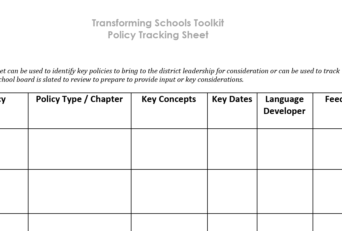 Transforming Schools Toolkit  Policy Tracking Sheet 